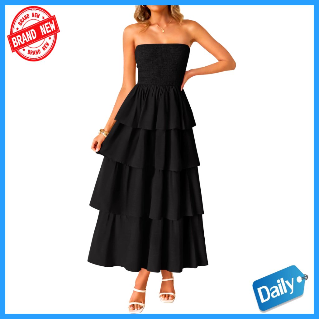 Strapless Maxi Dress Smocked Tiered Beach Sundress Rayon Slim Fit